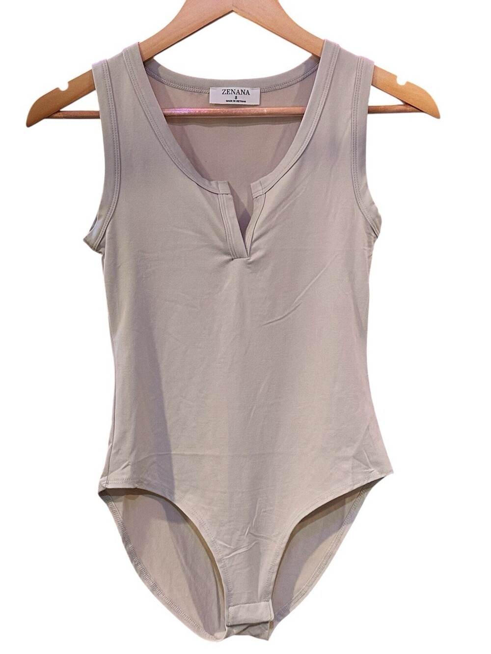 Zenana S Taupe Sleeveless Bodysuit Notch Neck Snap Closure Scoop Back